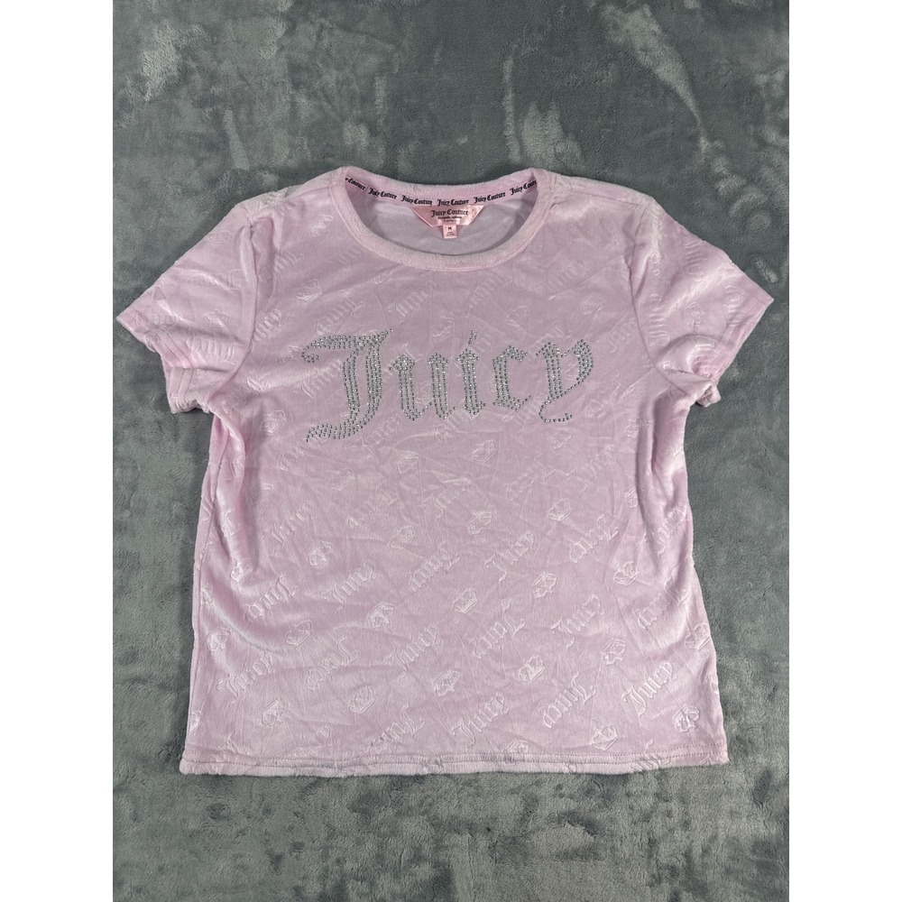 Juicy Couture Pink Velour Rhinestone Logo T-Shirt Embossed Crown Tee Medium